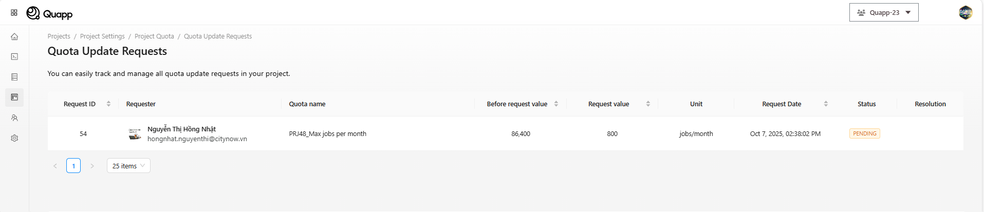 Viewing Quota Update Requests