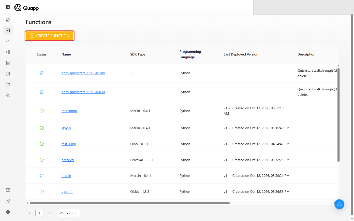 The Functions page with the Create Function button highlighted