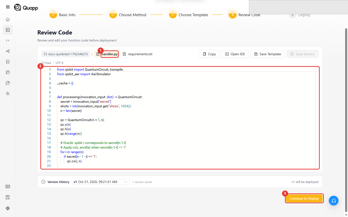 Step 4: the handler.py tab, the code and the Continue to Deploy button highlighted
