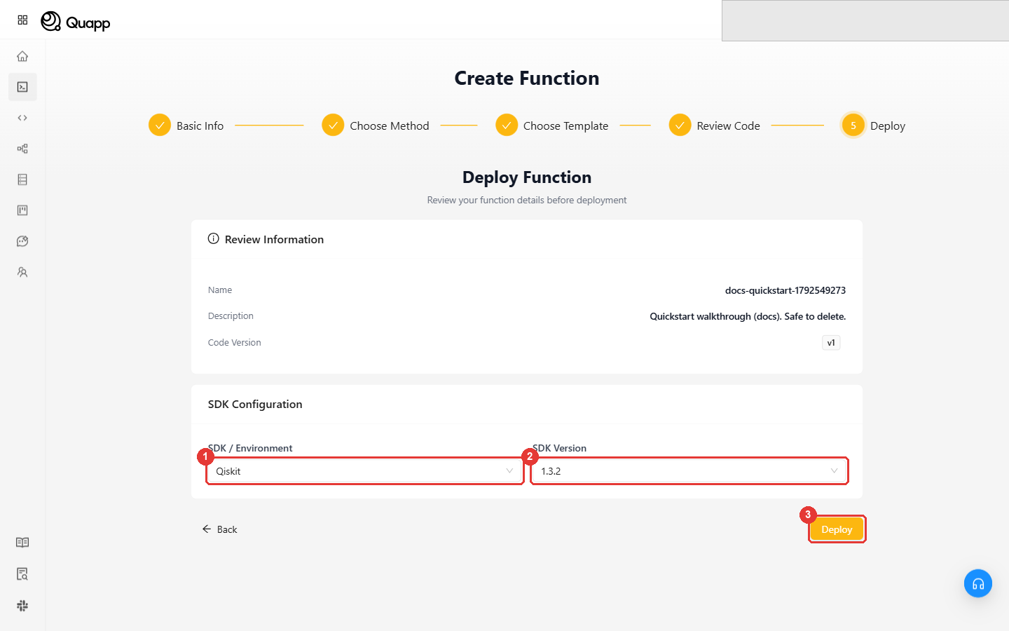 Step 5: SDK / Environment, SDK Version and the Deploy button highlighted