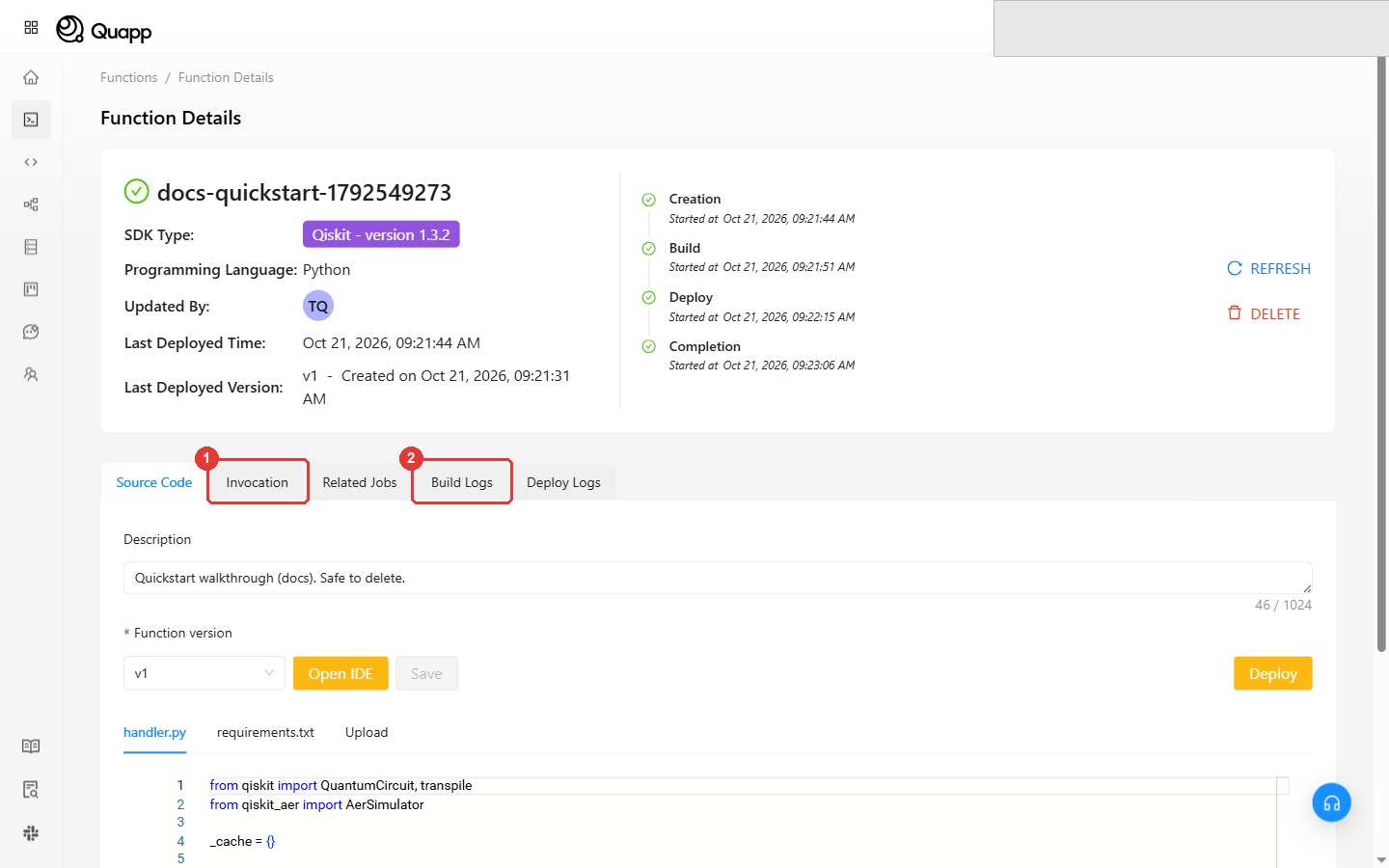 Function Details after the deployment: the Invocation tab and the Build Logs tab highlighted