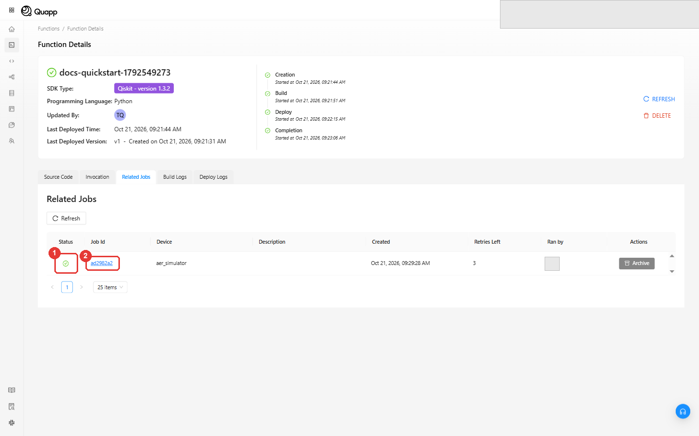 Related Jobs: the Status tick and the Job Id link highlighted