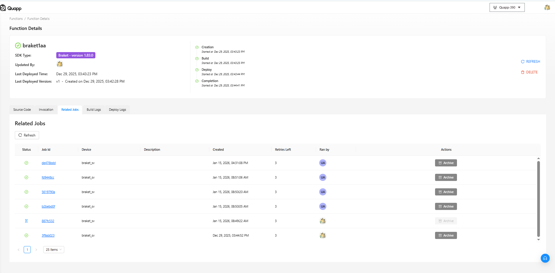 Refresh the job screen