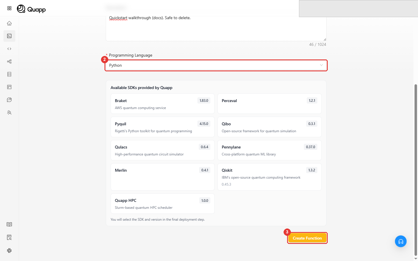 Step 1: the Programming Language field and the Create Function button highlighted