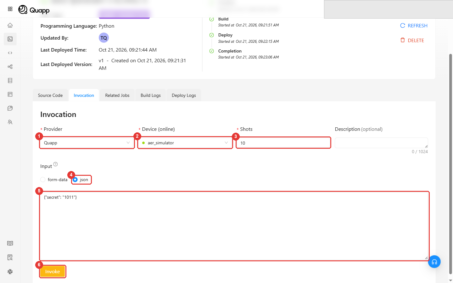 The Invocation form: Provider, Device, Shots, the json option, the input and the Invoke button highlighted