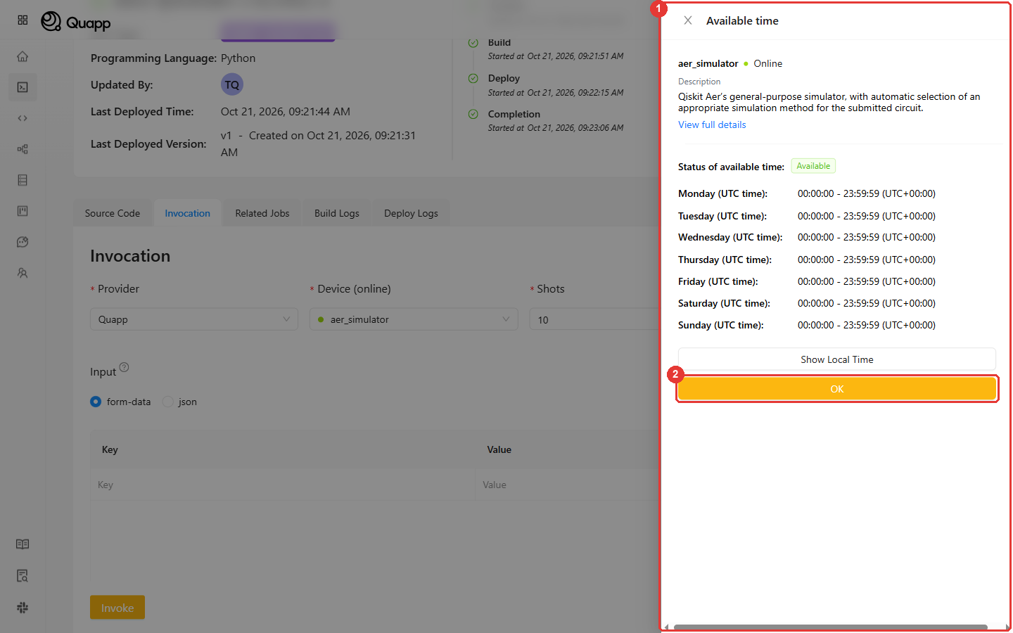 The Available time panel for aer_simulator with the OK button highlighted