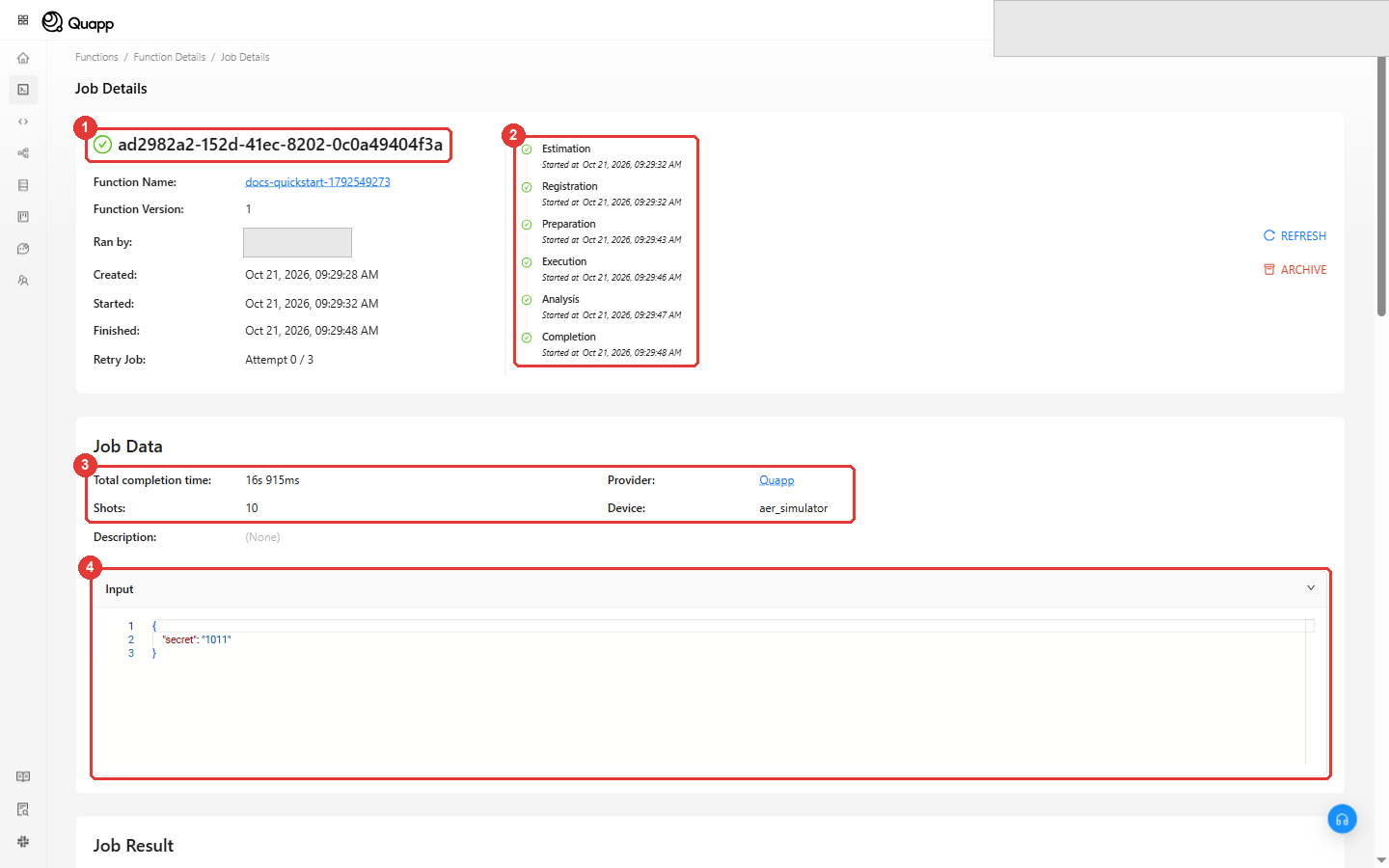 Job Details: the job, its stages, Shots/Provider/Device and the Input highlighted