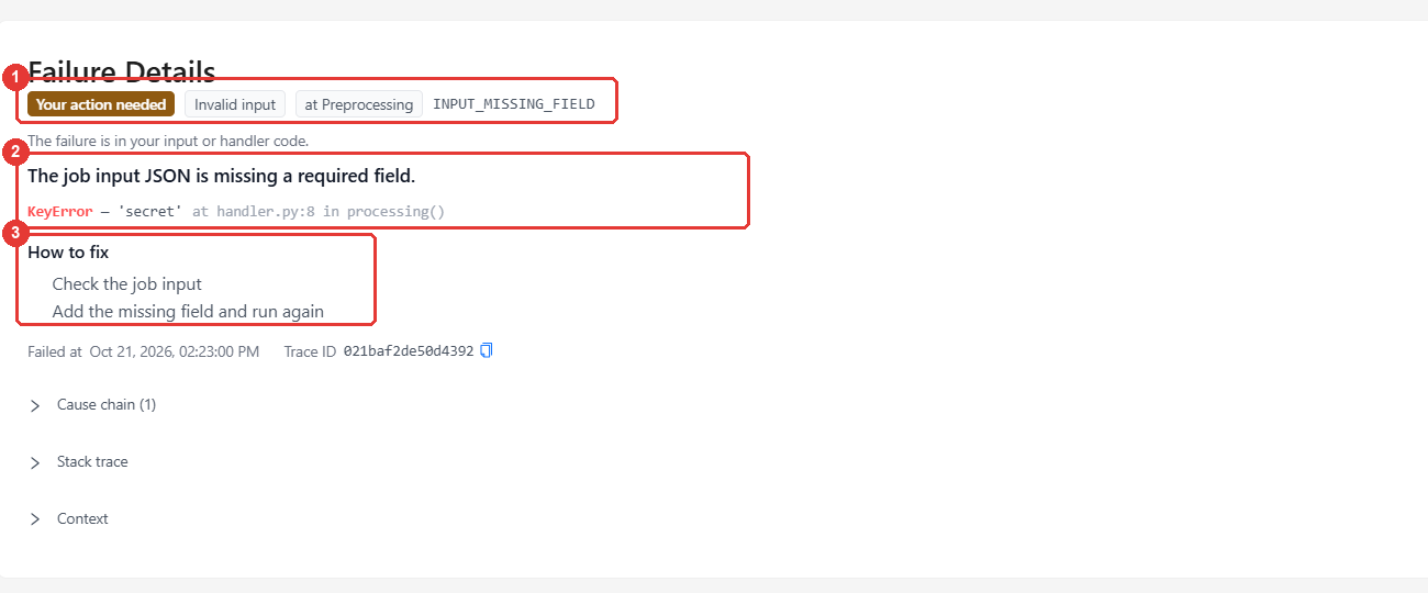 Failure Details of a job run without input: the error code, the cause and How to fix highlighted